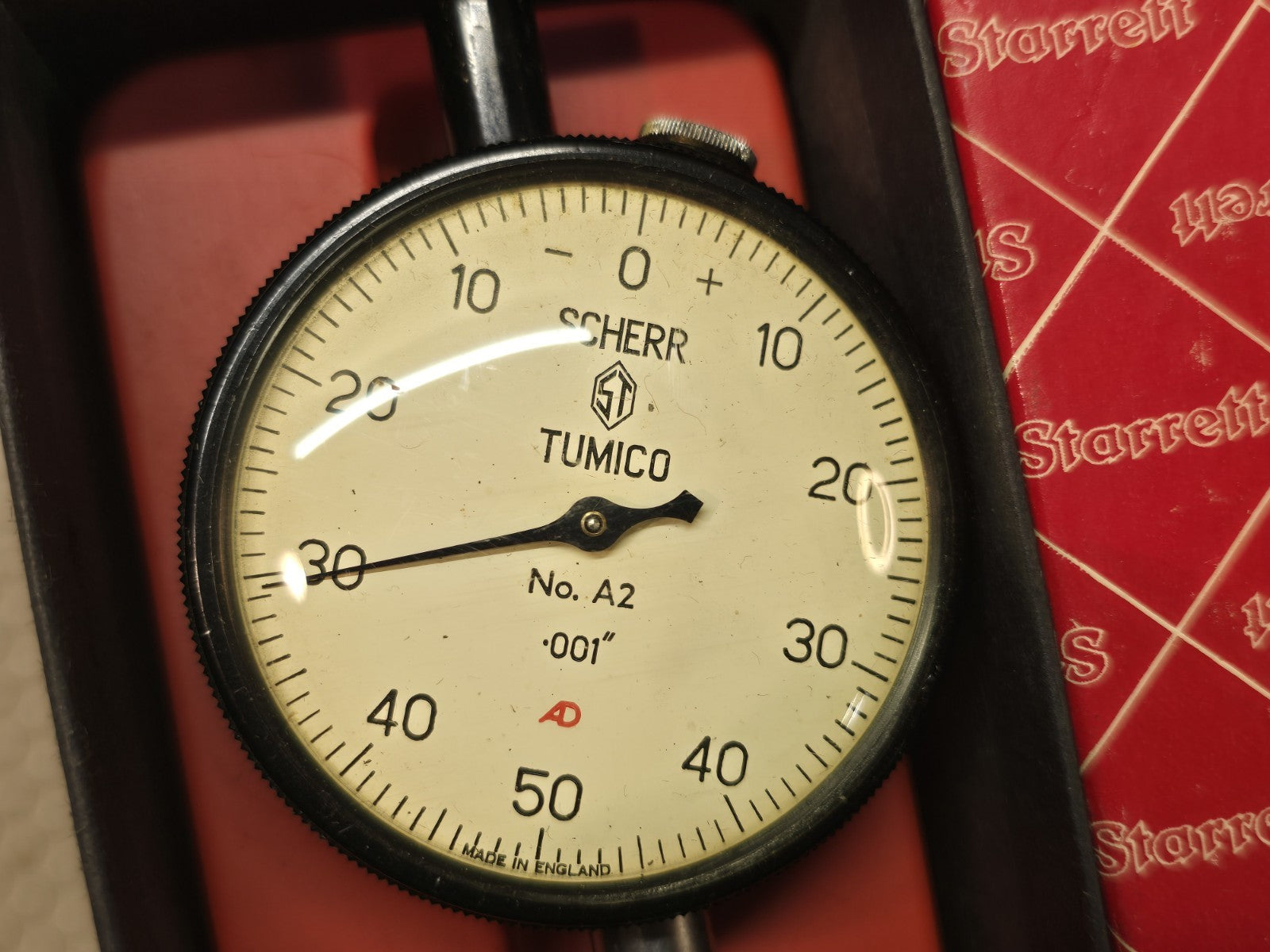 SCHERR TUMICO = DIAL INDICATOR Vintage *Nice* with Starrett Box No. A2