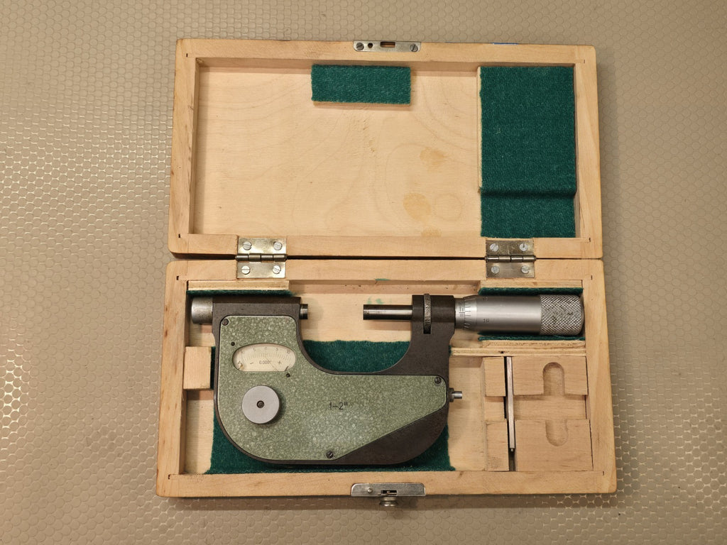 VIS 1–2 Inch Dial Micrometer .0001 Graduation With Wood Case Made In Poland