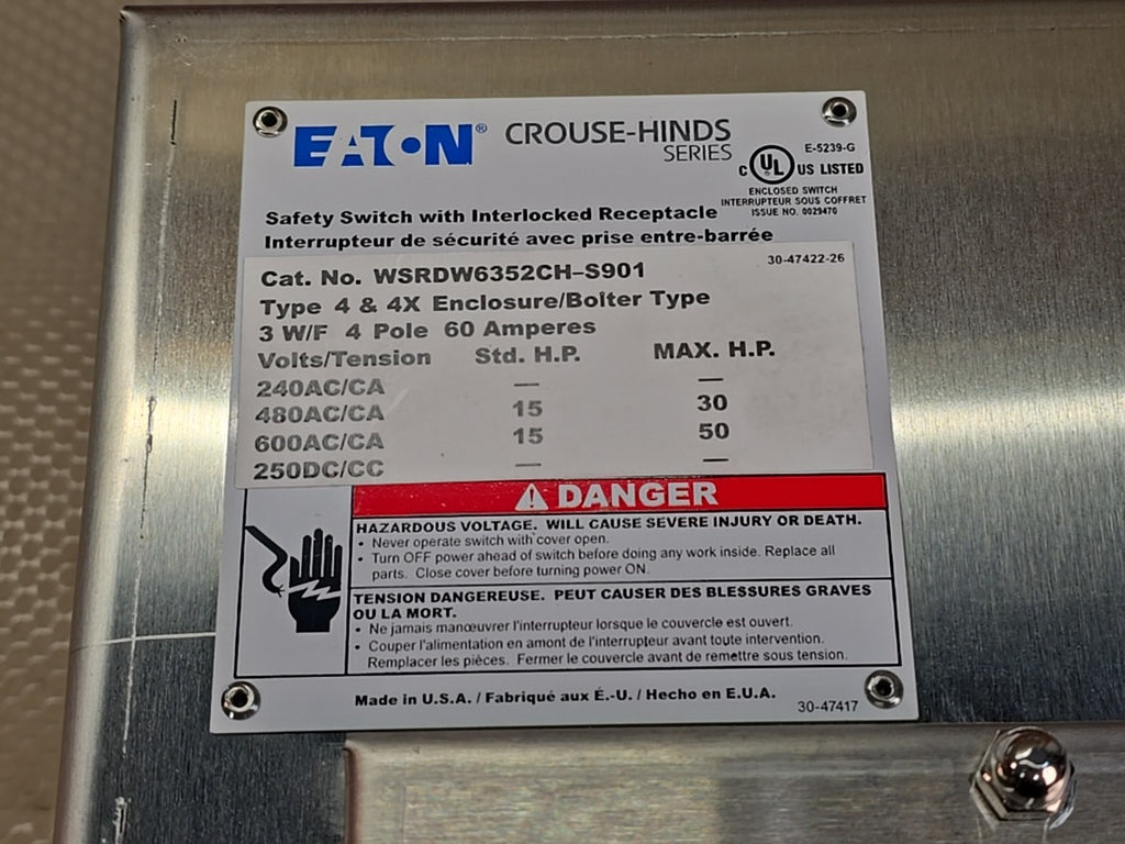 Eaton Crouse-Hinds WSRDW6352CH-S901 Arktite 60A 600V Interlocked S901 *NEW*