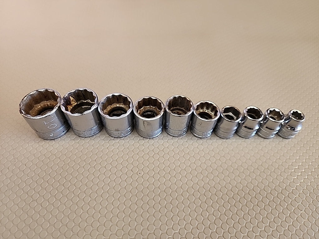 Vintage Snap On 10 pc 3/8" Dr 6,8 and 12-Pt SAE Shallow Socket Set mixed sizes 