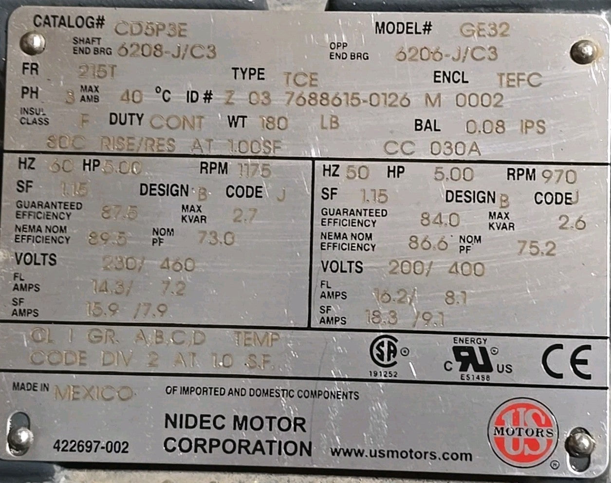 Nidec Nema U.S. Motors CD5P3E 5HP 1175RPM 215T Frame Corro-Duty Motor 230/460V 