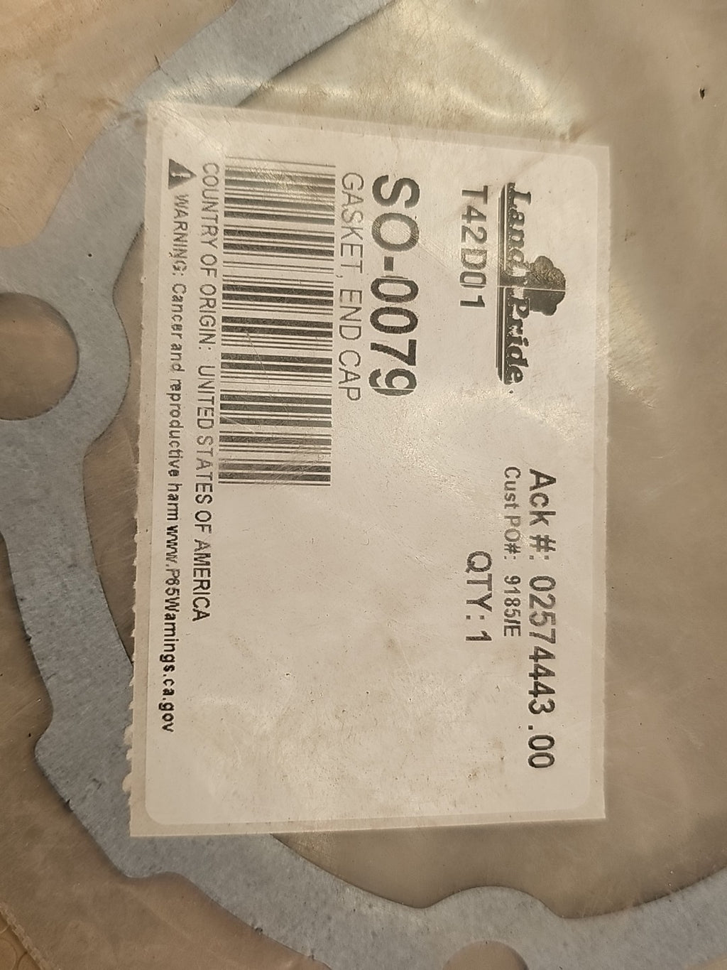 LAND PRIDE T42D01 GASKET, END CAP SO-0079