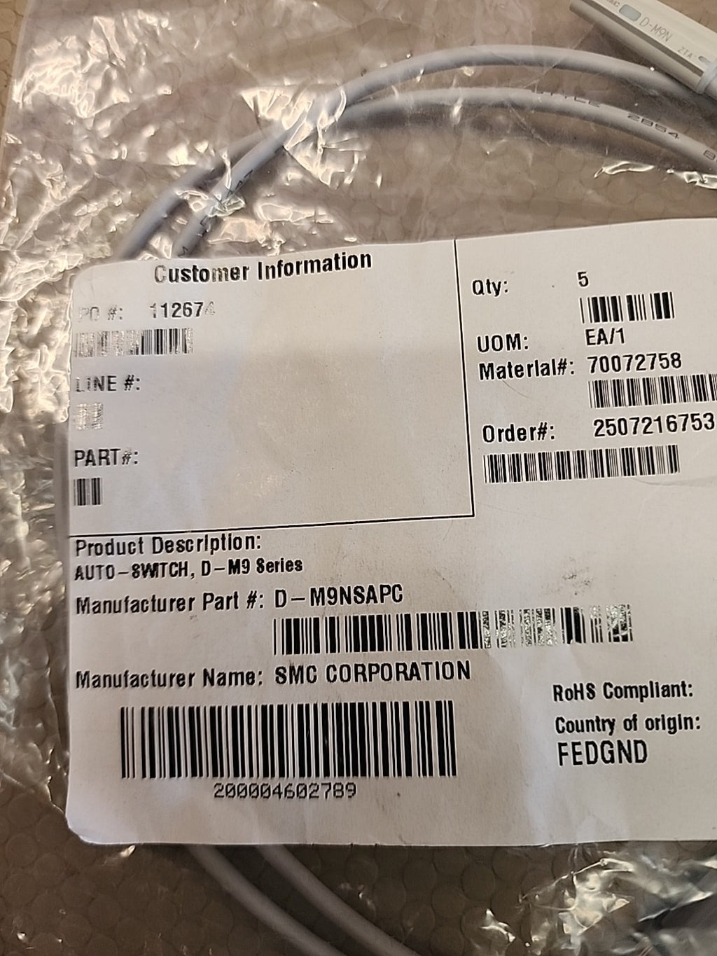 3 Pcs.- SMC D-M9NSAPC Solid State Auto Switch, 4.5-28VDC 40mA, 3-Pin M8, NPN