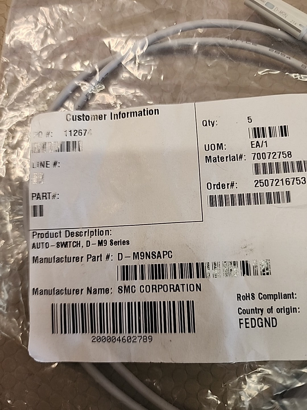 3 Pcs.- SMC D-M9NSAPC Solid State Auto Switch, 4.5-28VDC 40mA, 3-Pin M8, NPN