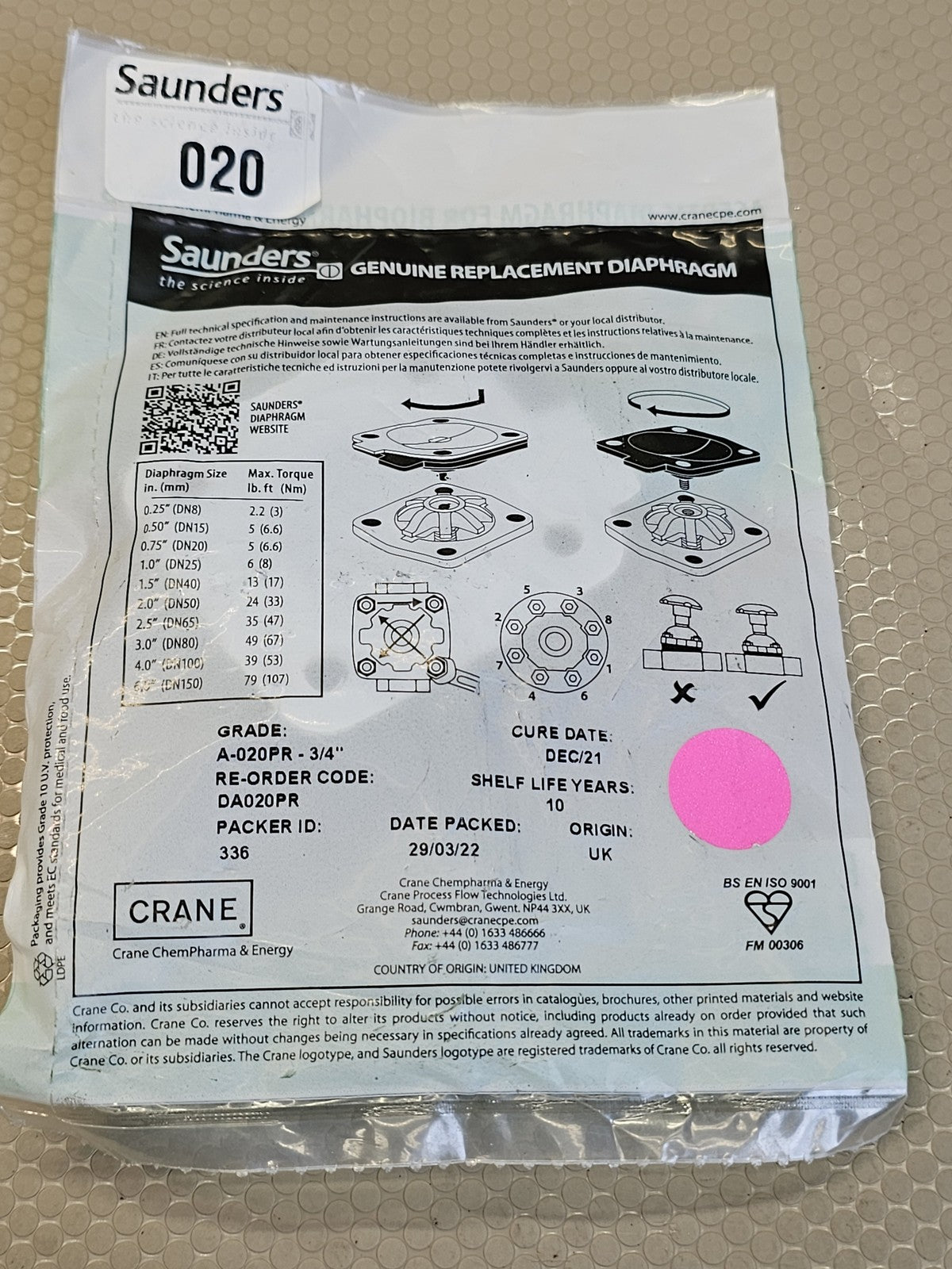 Saunders DA020PR Aseptic EPDM Diaphragm A-020PR 3/4" Biopharm New