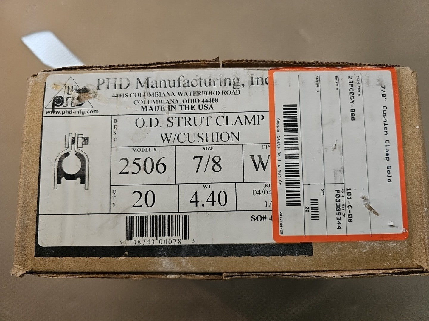 BOX OF 20 PHD MANUFACTURING INC. O.D. STRUT CLAMP WITH CUSHION 2507 1" 