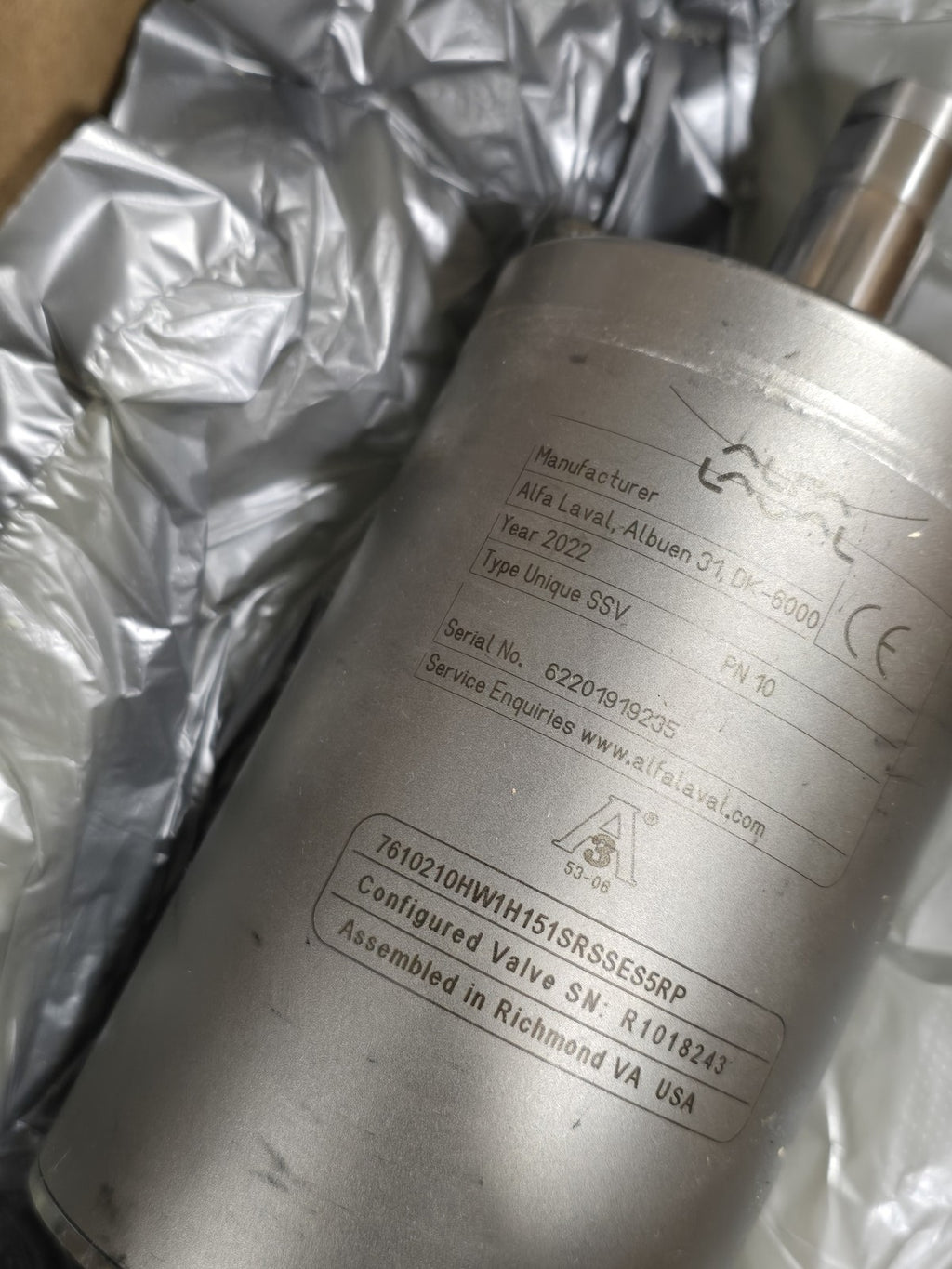 Alfa Laval 7610210H 38/1.5 210 Unique SSV  Sanitary Valve 1.5" Tri-Clamp New