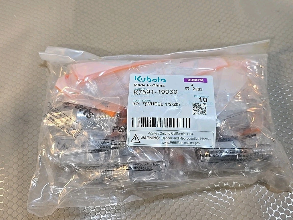 10 PACK 10x Count Kubota K7591-19930 Wheel Bolt 1/2-20 Genuine OEM Tractor Part