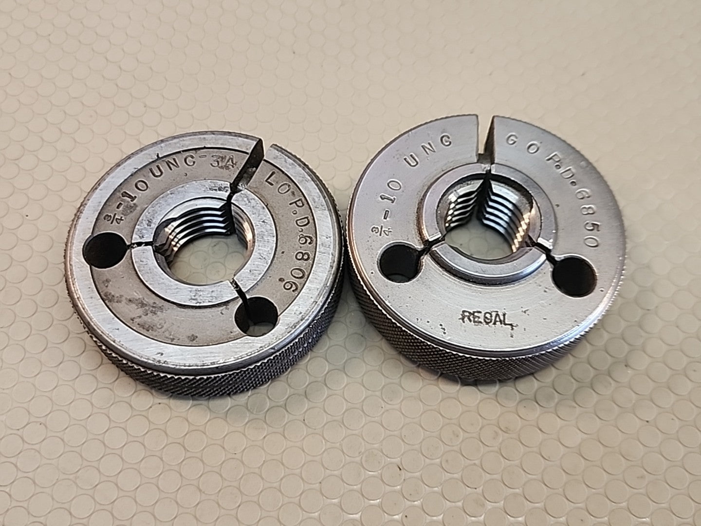 3/4 10 UNC 5 THREAD RING GAGES GO NO GO P.D.'S = .6850 & .6806 REGAL USA
