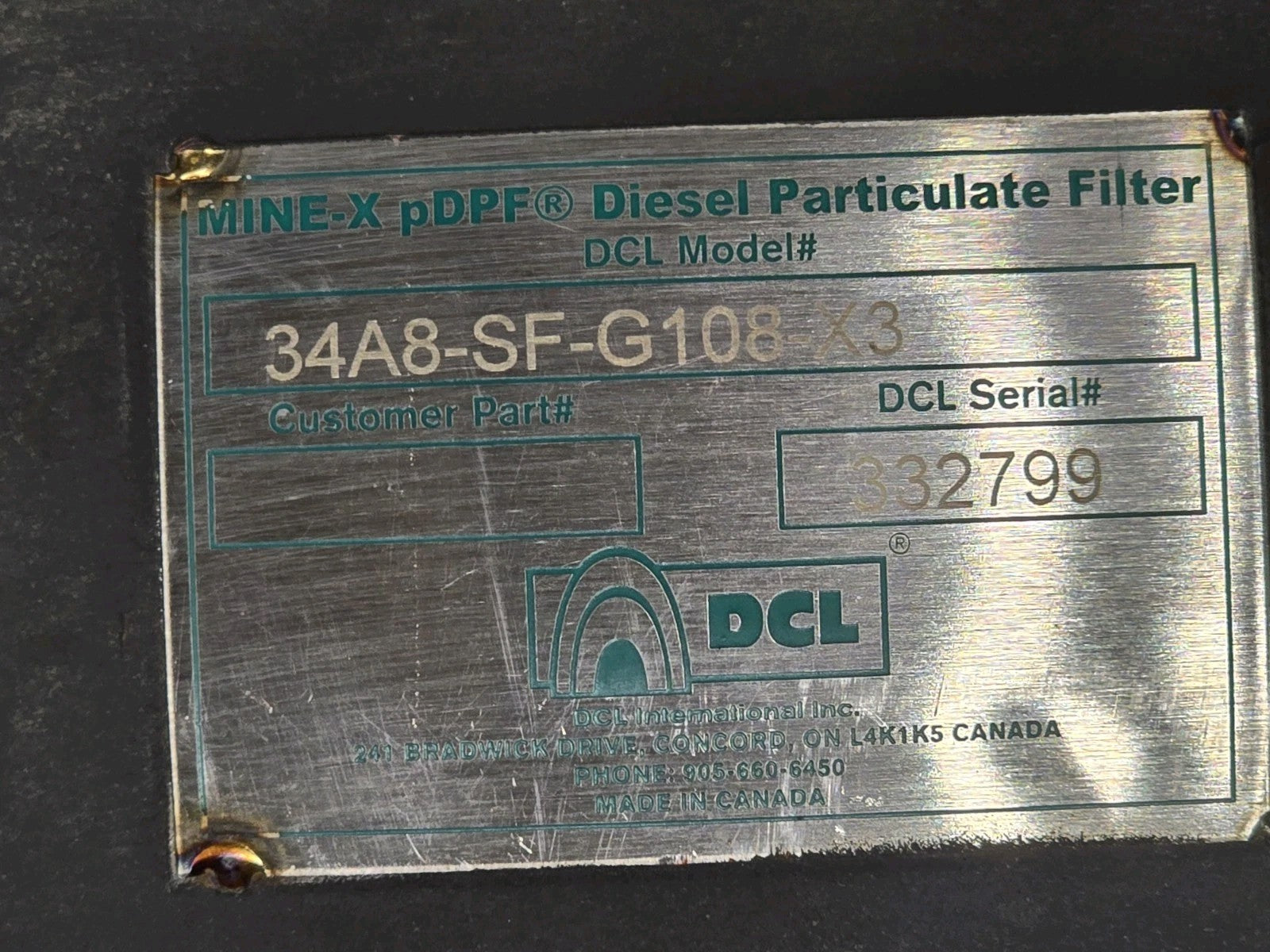 NEW DCL MINEX Diesel Particulate Filter DPF 34A8-SF-G108-X3 Canada Catalytic Con