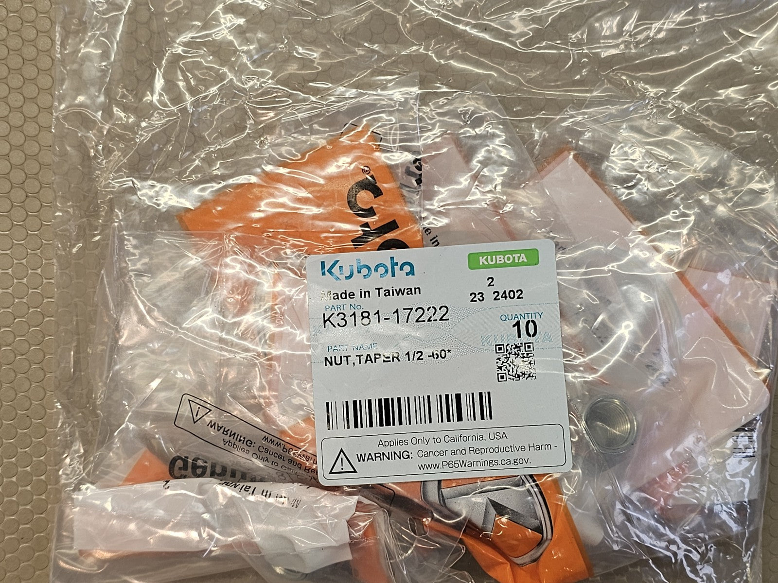 Kubota K3181-17222 Tapered Wheel Nut 1/2"-20 x .60 (Lot of 10) New OEM