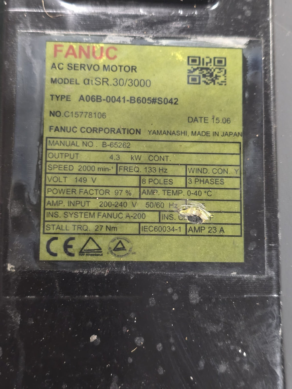 FANUC A06B-0041-B605 S042 AC SERVO MOTOR, 2000 RPM, #617146G 