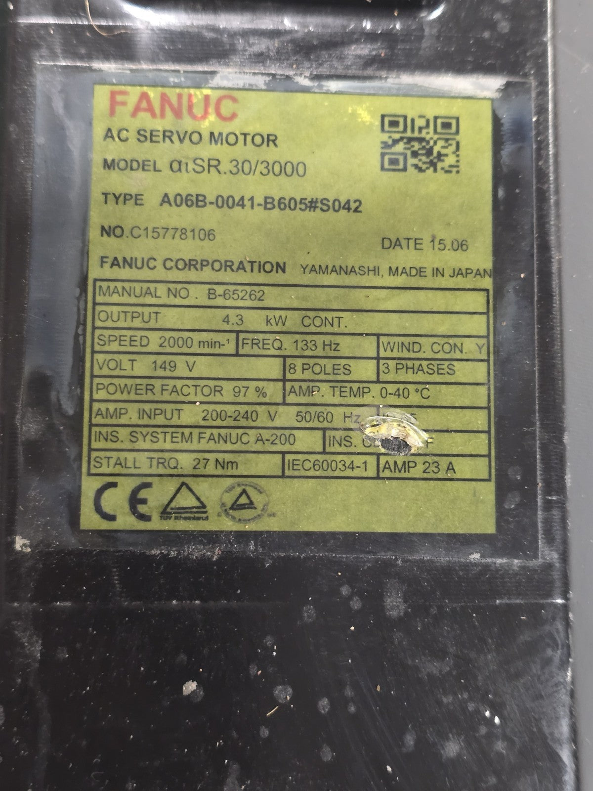 FANUC A06B-0041-B605 S042 AC SERVO MOTOR, 2000 RPM, #617146G 
