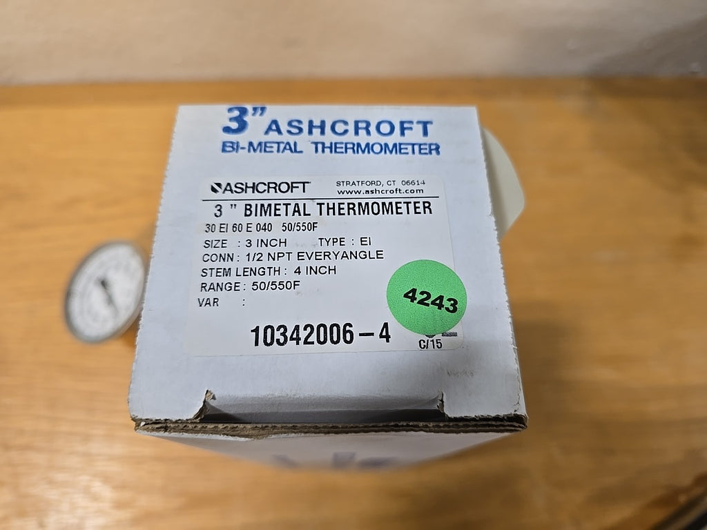 Ashcroft 3" Bimetal Thermometer 50/550F 4 Inch Stem 1/2 NPT