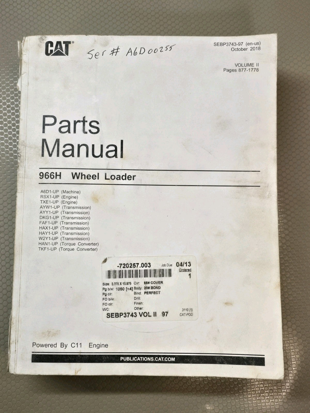 CAT Caterpillar 966H WHEEL LOADER Vol II PARTS MANUAL BOOK CATALOG LIST 