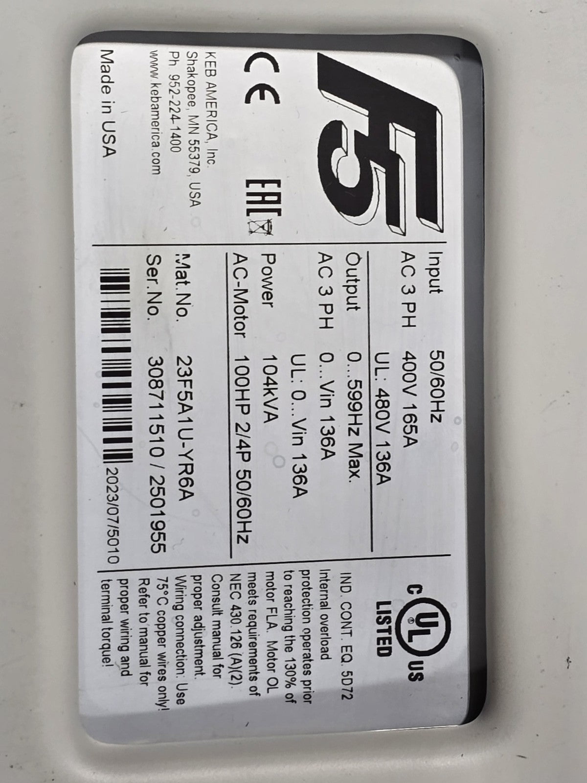 NEW KEB 23F5A1U-YR6A F5 VFD Variable Frequency Drive Inverter 75kW 305-500V
