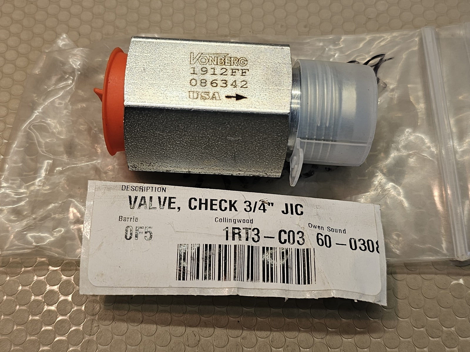 VONBERG 1912FF 1RT3-C03 Check Valve 3/4" JIC
