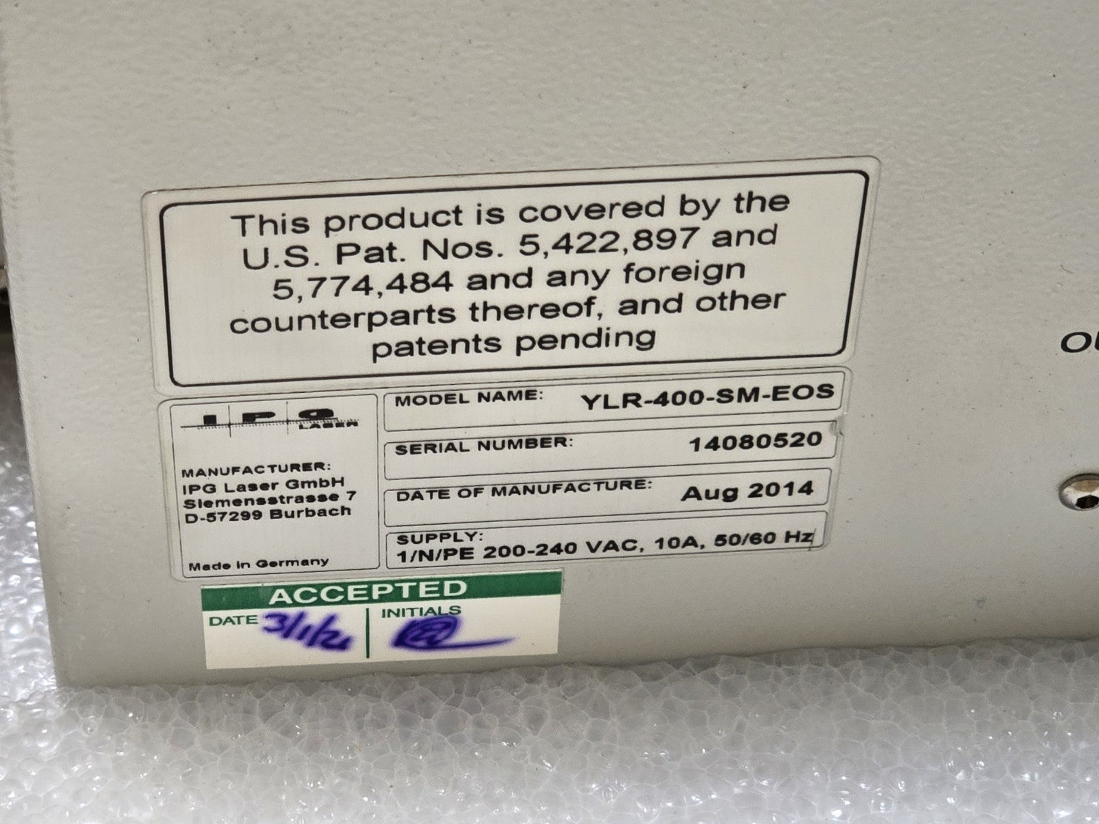 IPG Laser YLR-400-SM-EOS 400W Single Mode Ytterbium Fiber Laser Module