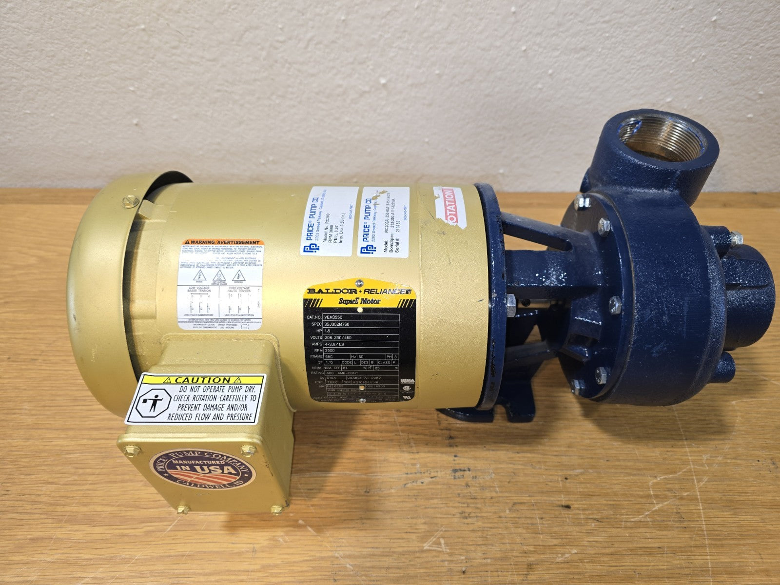 Price Pump RC200 Centrifugal Pump Baldor SuperE 1.5HP Motor  AI-350-6A111 
