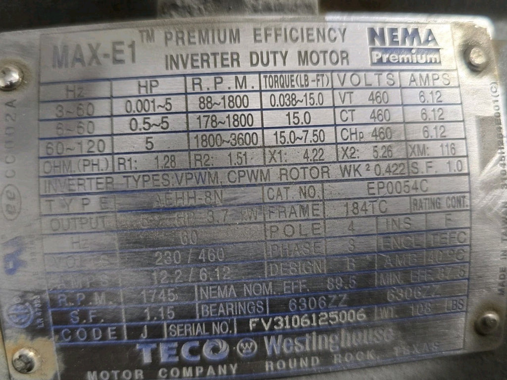 TECO Westinghouse 5HP 1745RPM 3PH 184TC Motor EP0054C MAX-E1 Premium Inverter