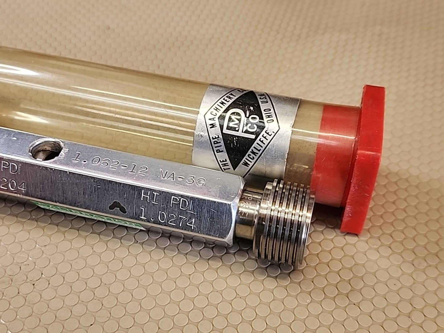 THE PIPE MACHINERY CO THREAD PLUG GAGE 1.062-12 NA-3G GO PD 1.0204 HI PD 1.0274
