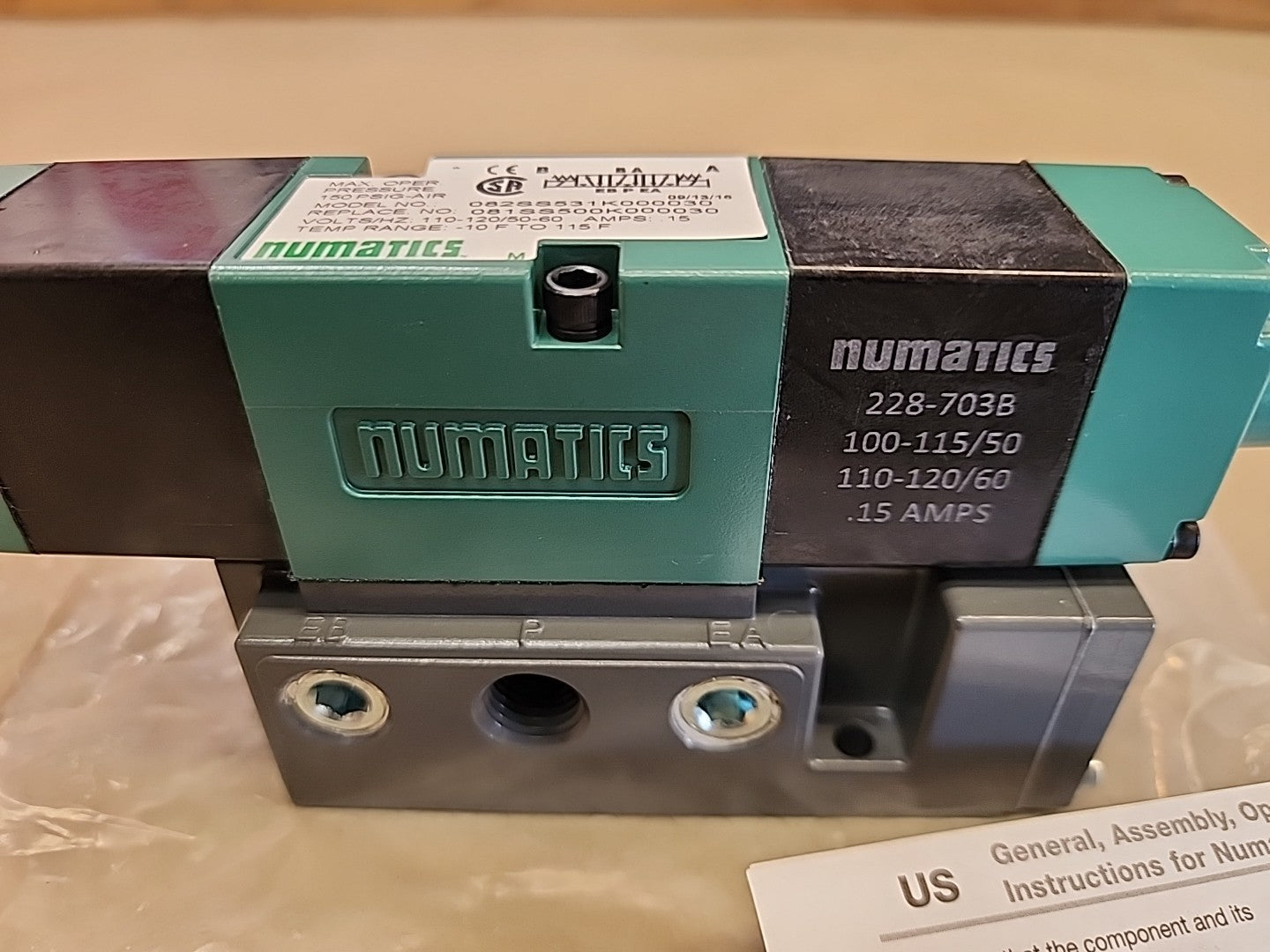 Numatic 082SS531K000030 Solenoid Valve W/ Manifold 1/4 Input 120 Vac 