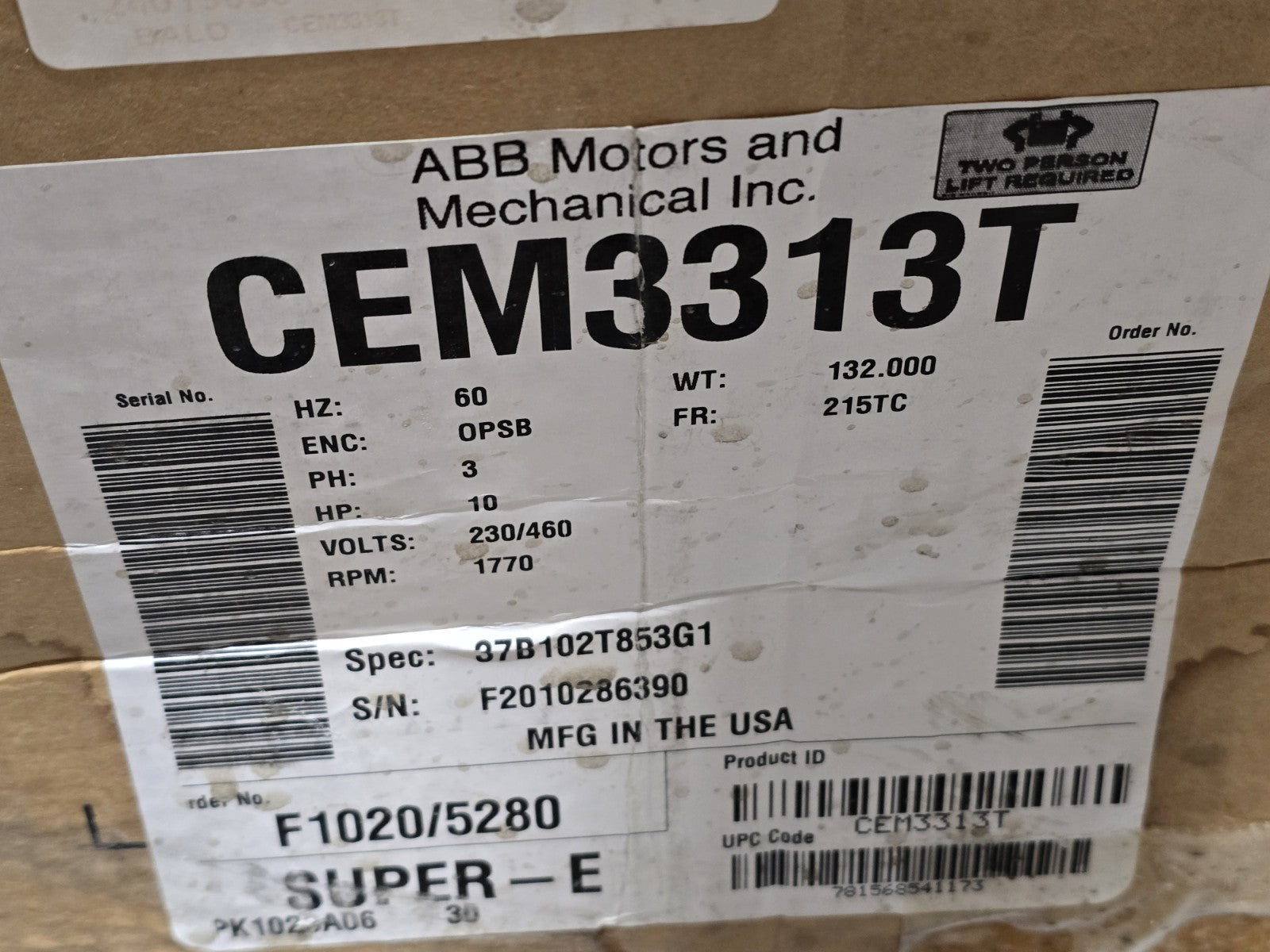ABB Baldor CEM3313T Super-E Electric Motor 10HP 1770RPM 215TC 3PH 230/460V
