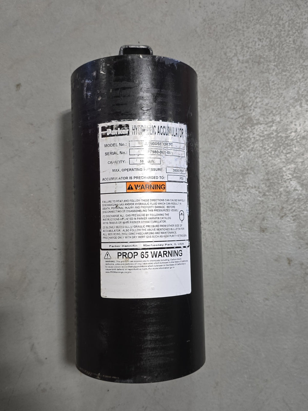 NEW Parker Hydraulic Accumulator - 3000 PSI A4N0058D3KTC PH PA,4",58CI, $1400 