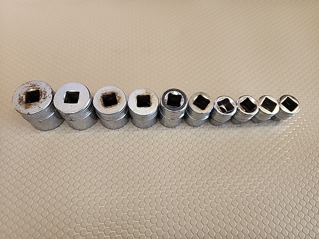 Vintage Snap On 10 pc 3/8" Dr 6,8 and 12-Pt SAE Shallow Socket Set mixed sizes 