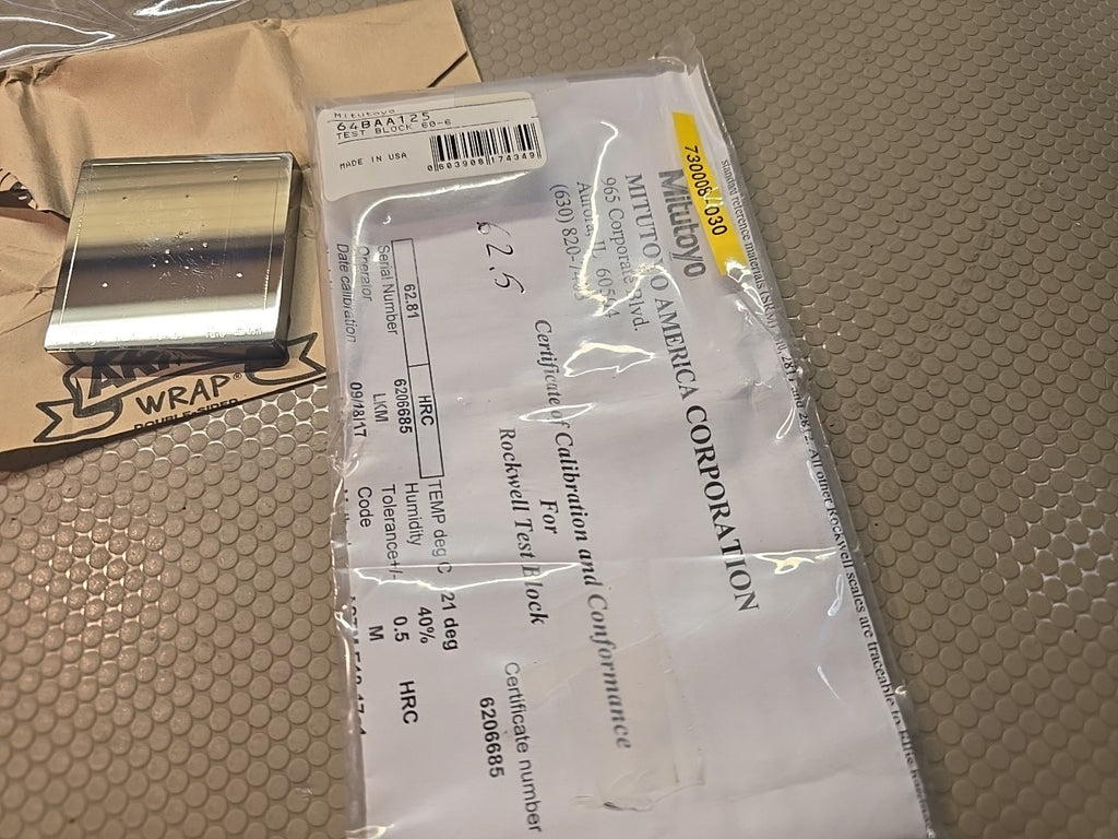 Mitutoyo 64BAA125 TEST BLOCK STANDARD 60-65 HRC Rockwell Hardness New CALIBRATIO