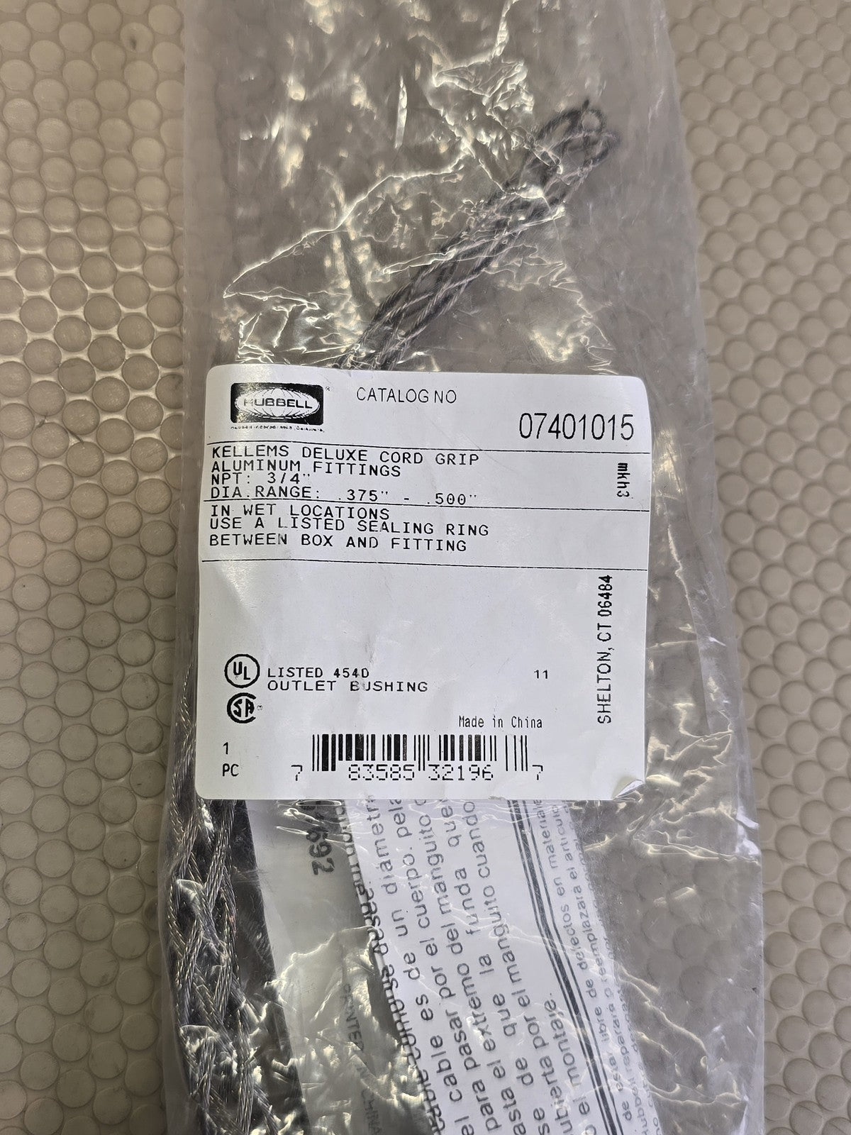 Hubbell Kellems 07401015 Deluxe Strain Relief Cord Grip 3/4" NPT .375-.500" Alum
