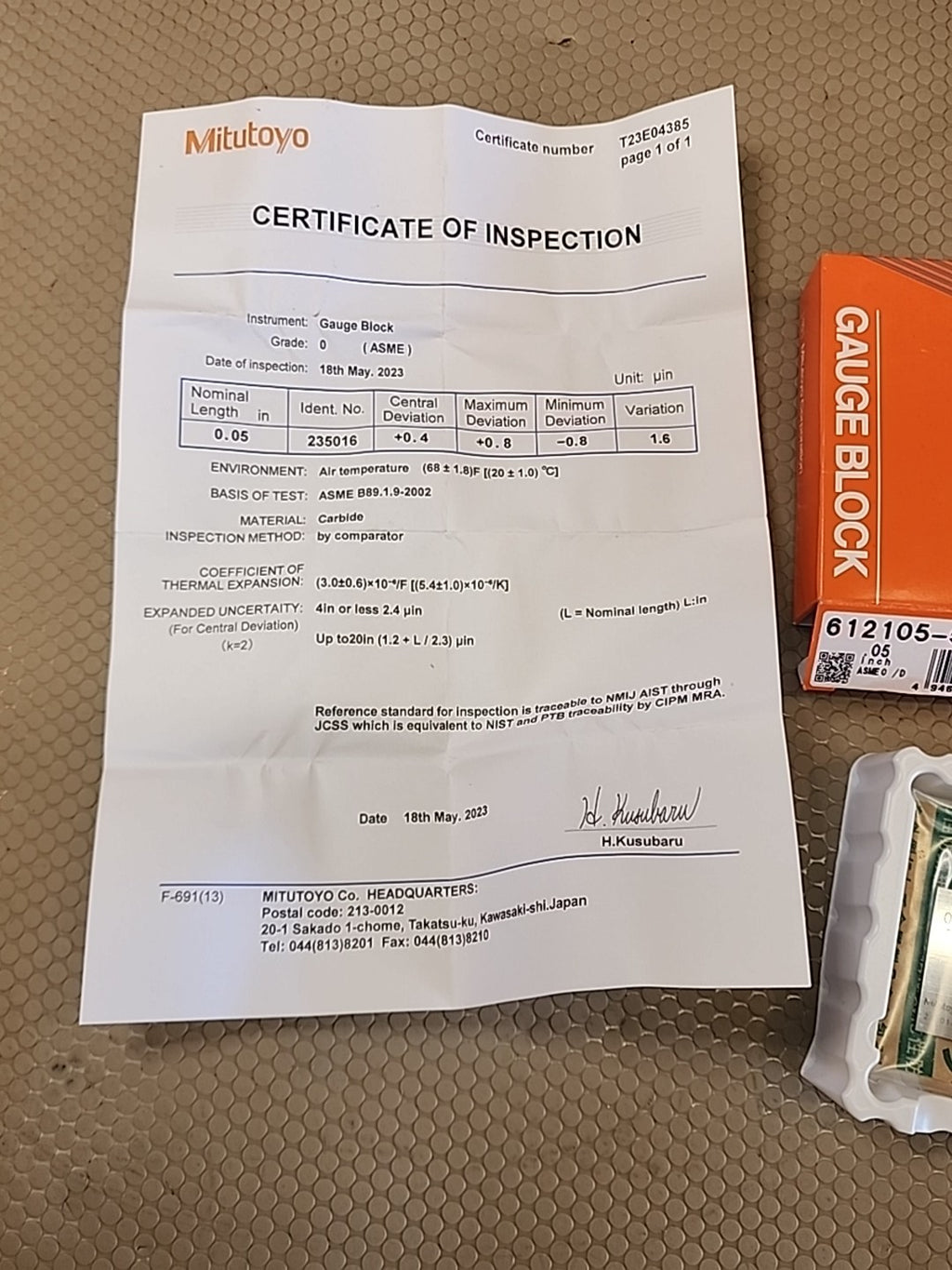 MITUTOYO GUAGE BLOCK 612105-531 0.05" CARBIDE WEAR ASME 0