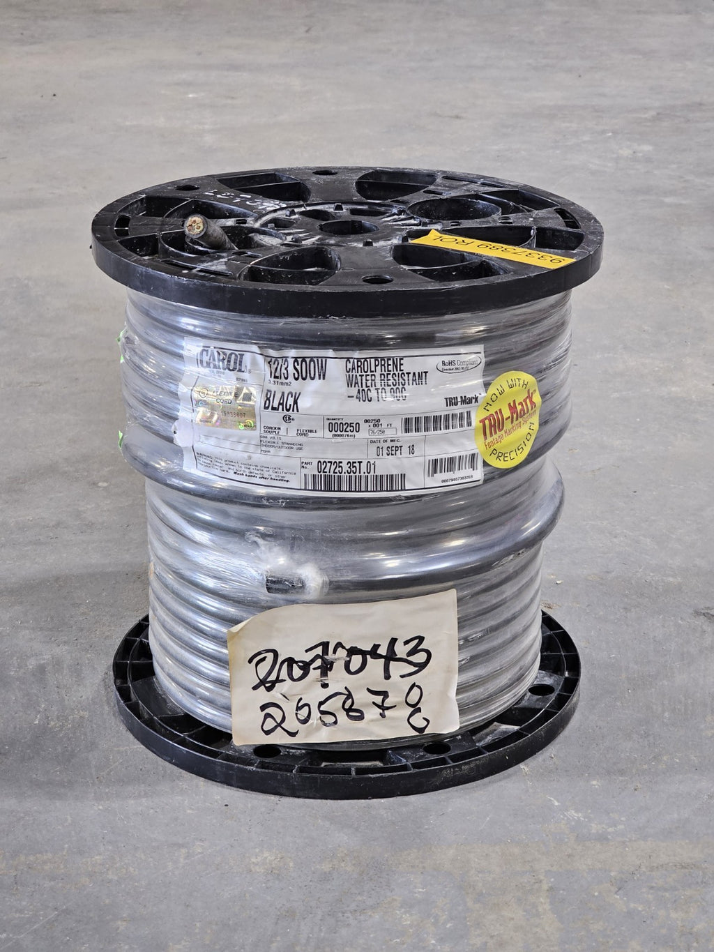 Carol 02725.35T.01 12/3 SOOW 600V 250ft Black Portable Cord Cable Reel
