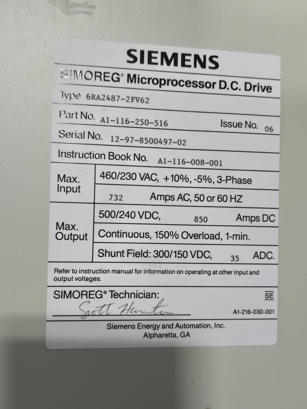 SIEMENS A1-116-250-516 SIMOREG 500HP 600HP 850A DC DRIVE 6RA2487-2FV62**XLNT