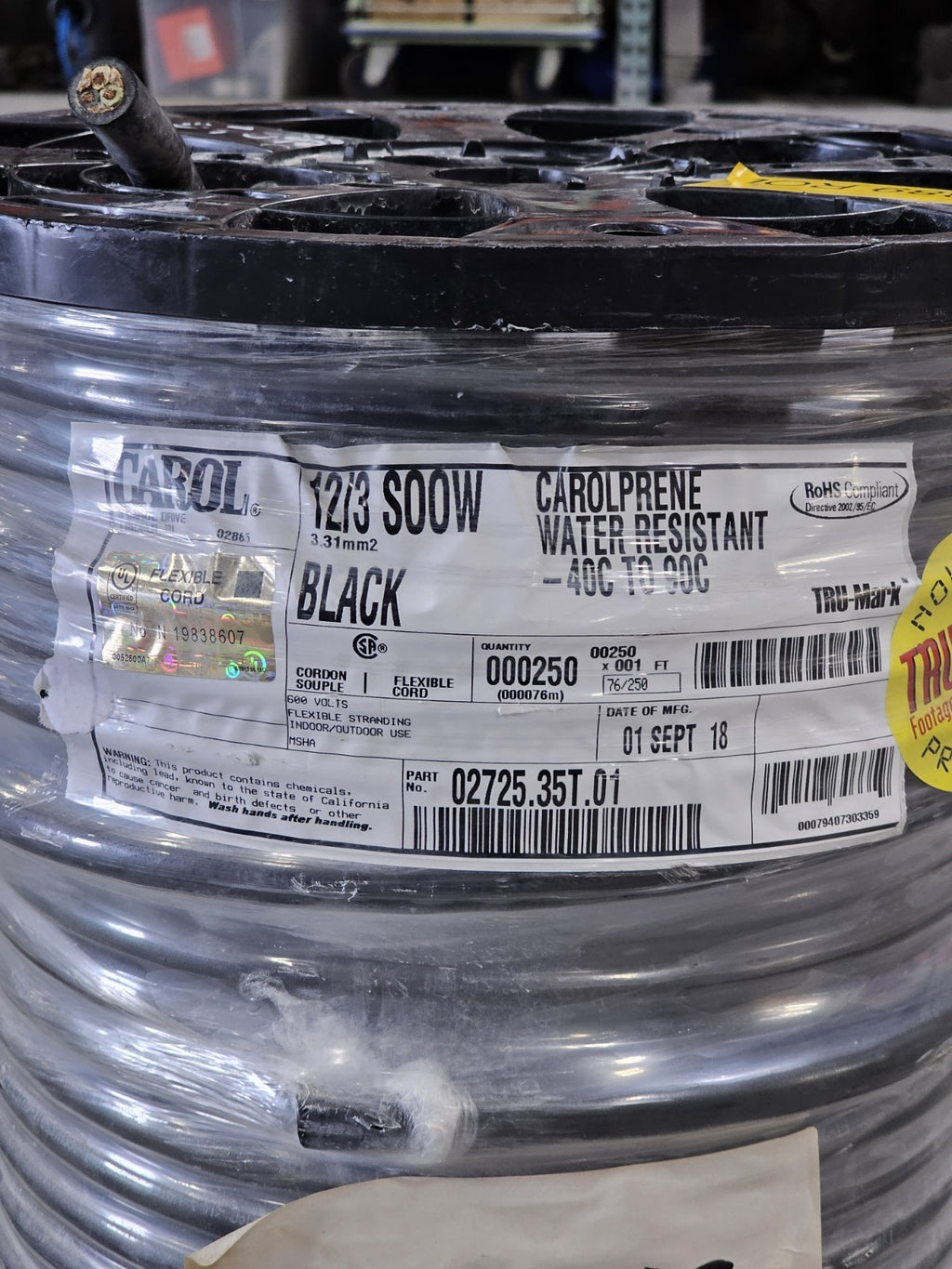 Carol 02725.35T.01 12/3 SOOW 600V 250ft Black Portable Cord Cable Reel