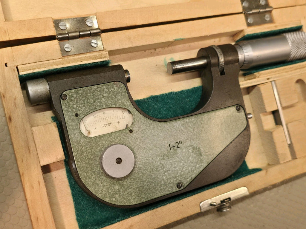 VIS 1–2 Inch Dial Micrometer .0001 Graduation With Wood Case Made In Poland