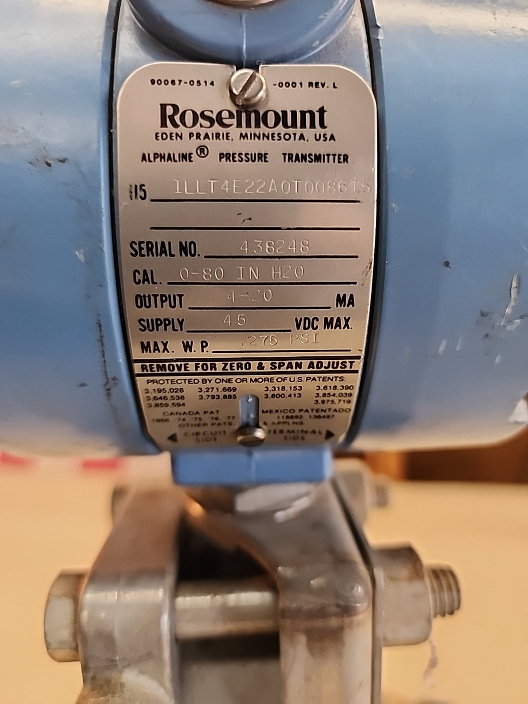 Rosemount Pressure Transmitter 1LLT4E22A0T0066TS 0–80 in H2O 4–20mA w/ SS Flange