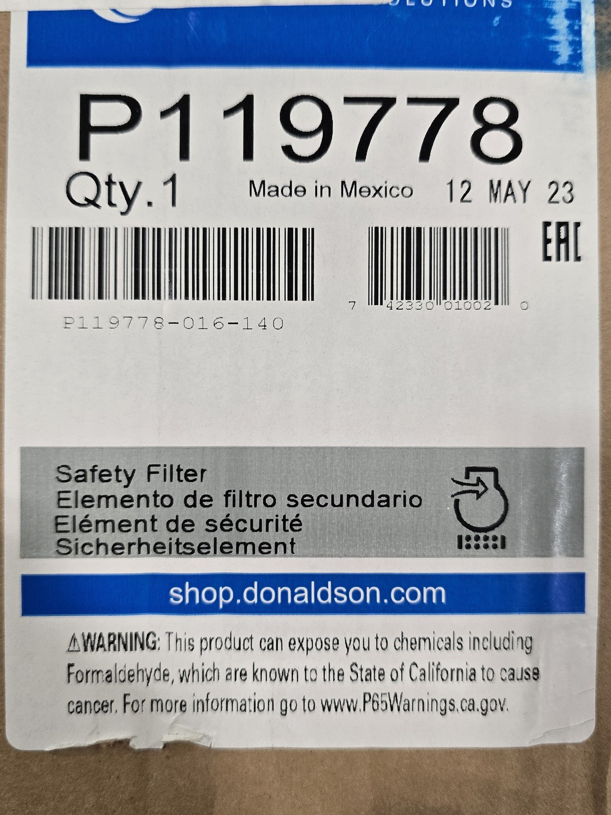 Donaldson P119778 Safety Air Filter Element Heavy Equipment Industrial GENUINE