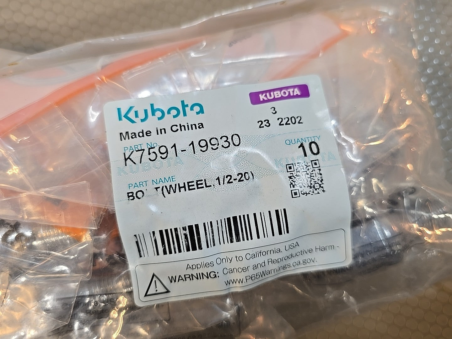 10 PACK 10x Count Kubota K7591-19930 Wheel Bolt 1/2-20 Genuine OEM Tractor Part