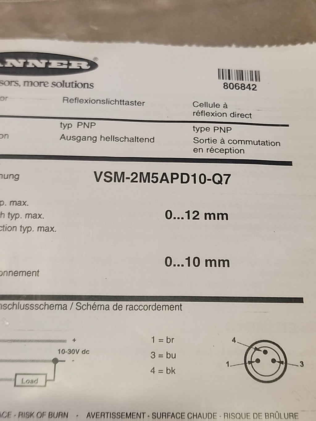 Banner VSM-2M5APD10-Q7 Photoelectric Sensor NEW