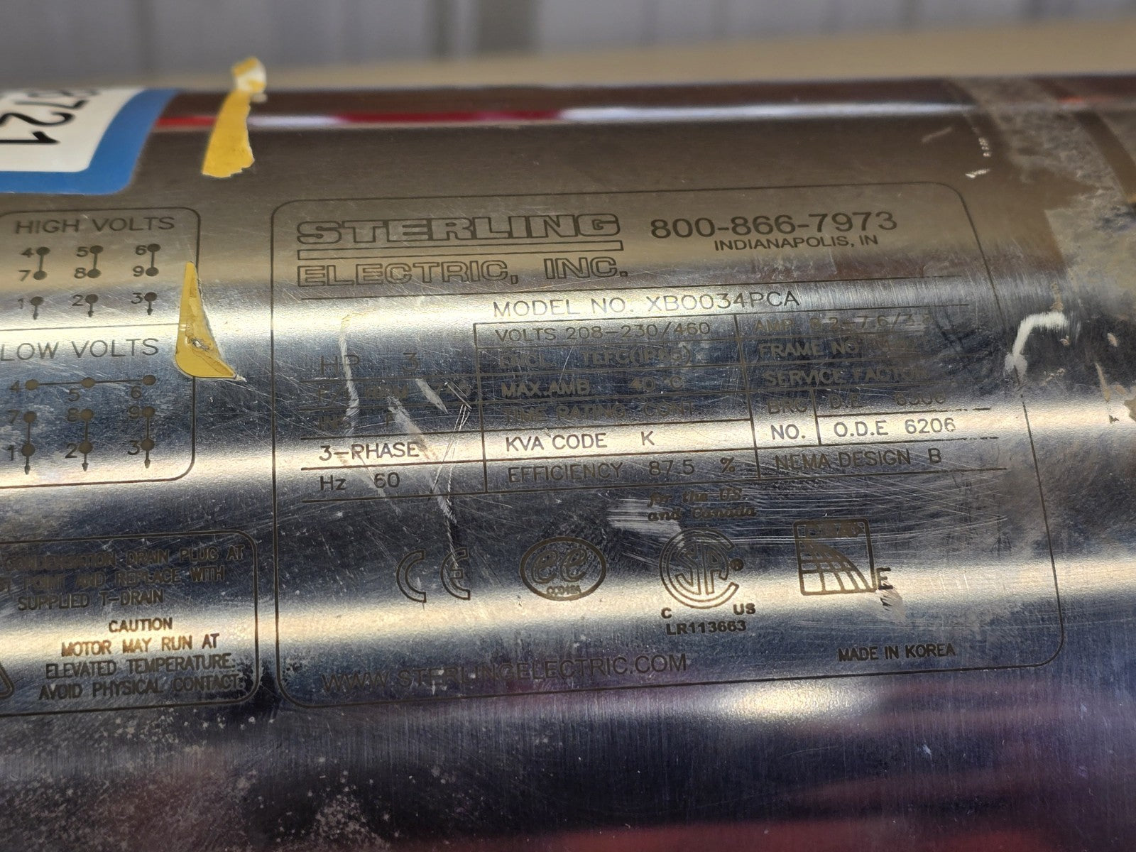 Sterling Electric 3HP 1745RPM Stainless Steel Motor XBOO34PCA 182TC  *LIGHT USE*