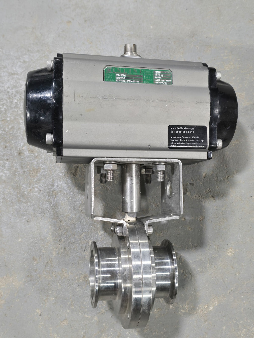 INLINE AP-SR-75-12-D Pneumatic Actuator SS Sanitary Tri-Clamp Ball Valve