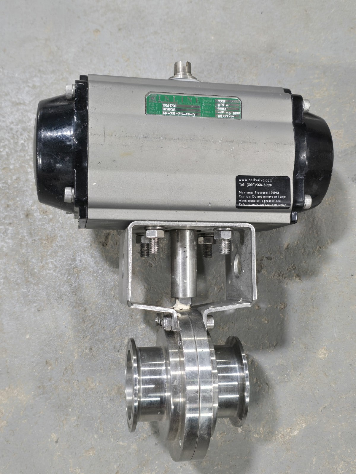 INLINE AP-SR-75-12-D Pneumatic Actuator SS Sanitary Tri-Clamp Ball Valve