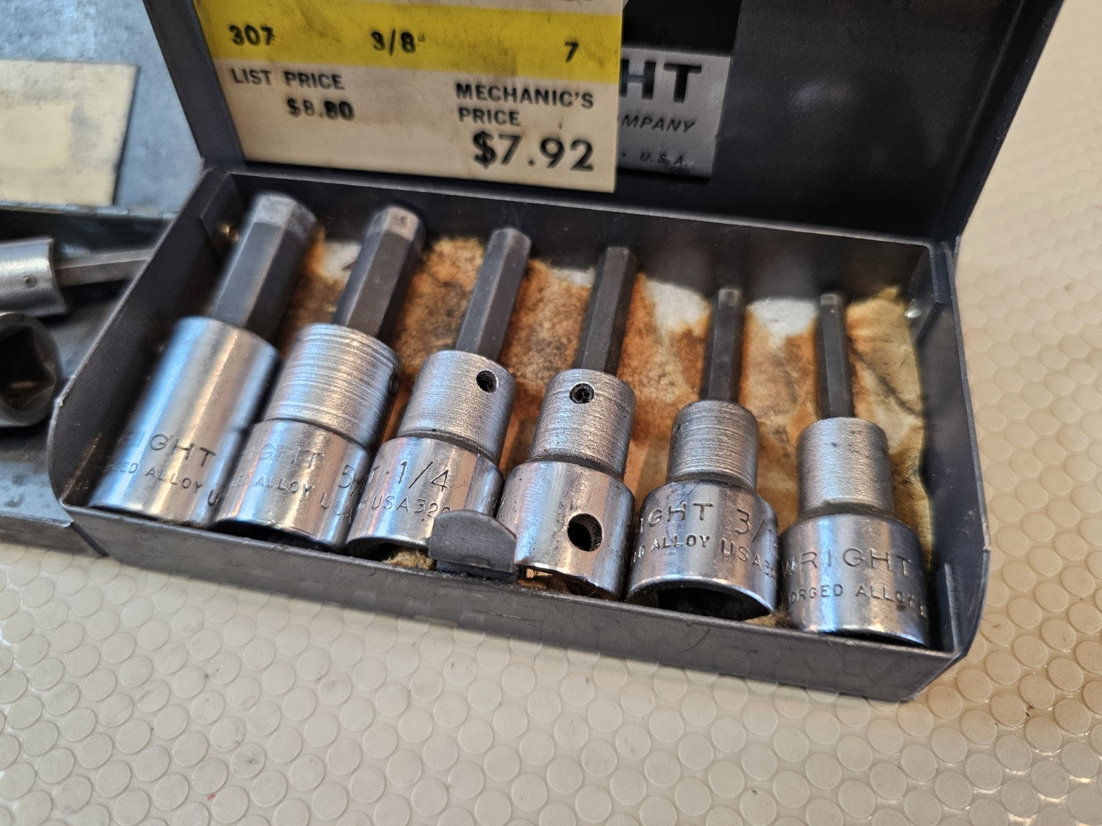 (2) Wright Tool allen Hex bit Sockets in vintage metal tray made in USA 