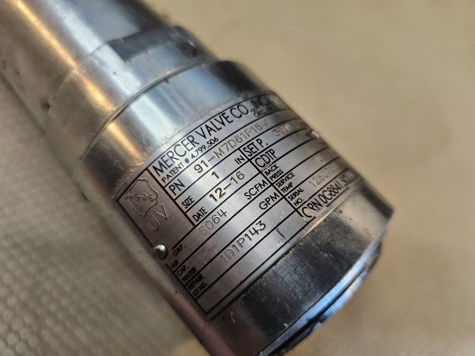 Mercer Valve Pressure Relief Valve 91-M7D61P1641 Set P. 3000 PSI 
