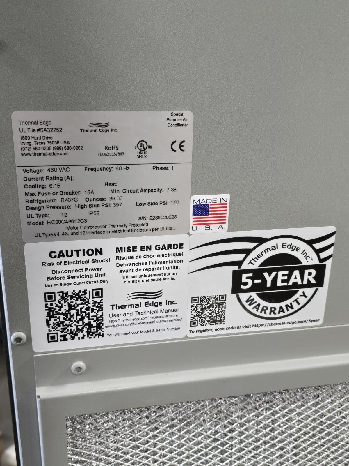 Thermal Edge HC20C48612C3 Enclosure Air Conditioner 20000 BTUH 460V 1-Phase NEMA