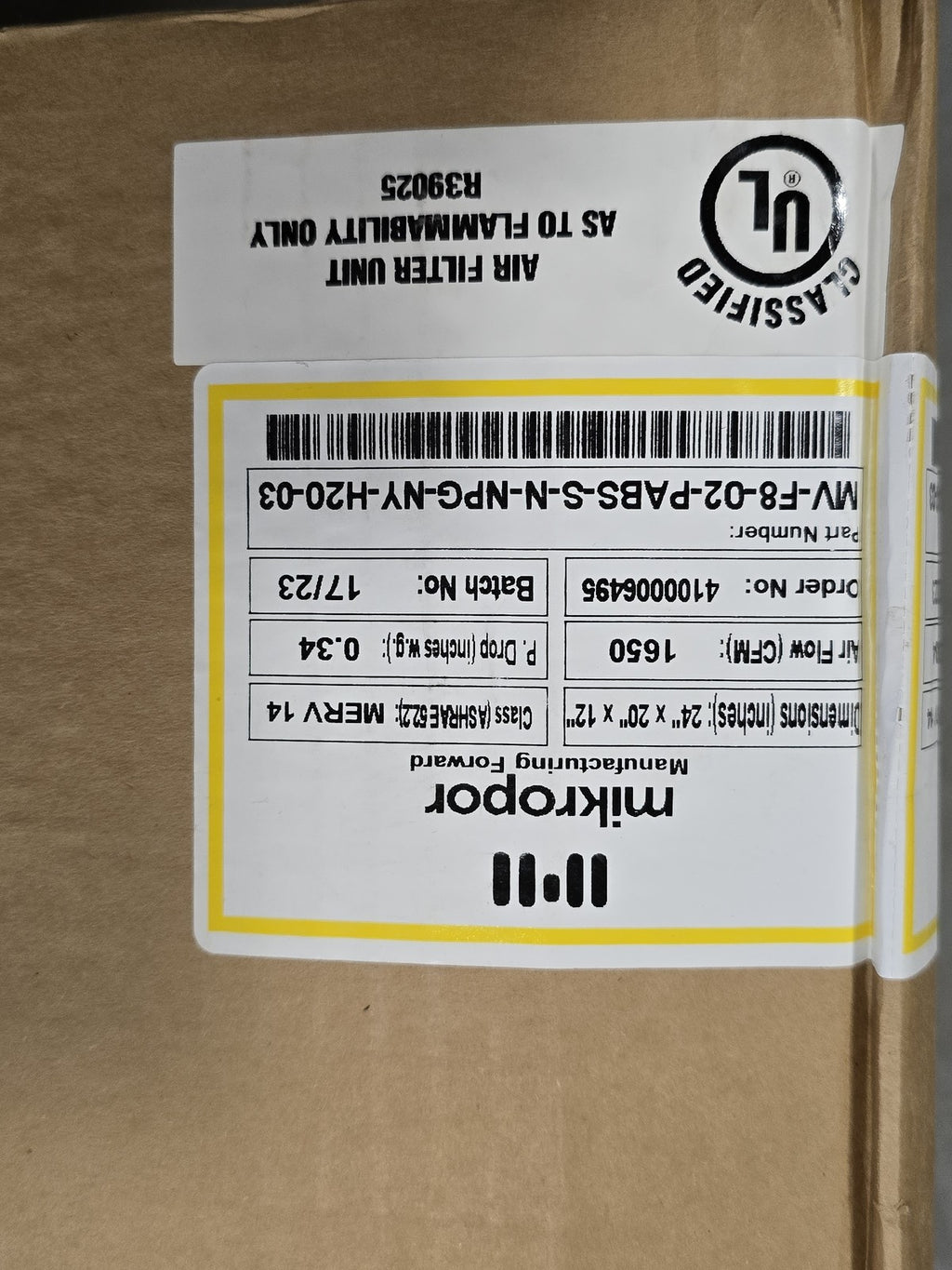Mikropor MVV-F8-02-PABS-S-N-NPG-H20-03 V-Bank Air Filter 24x20x12 MERV 14 New