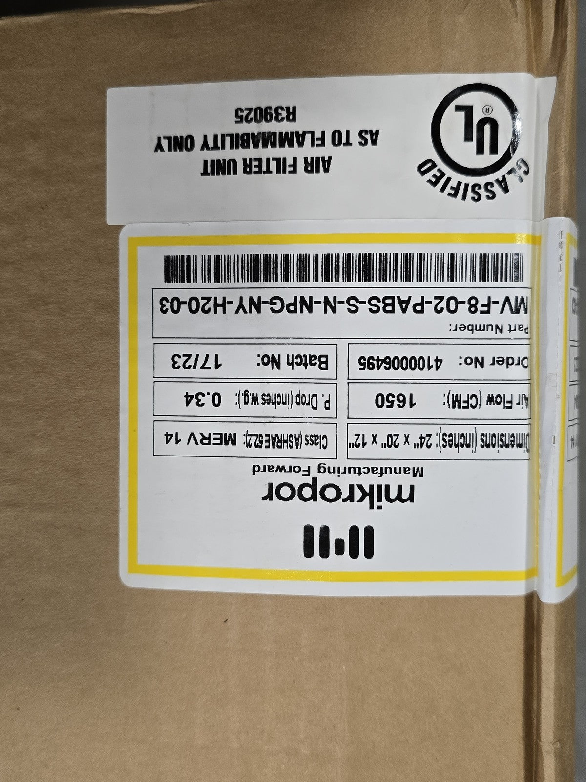 Mikropor MVV-F8-02-PABS-S-N-NPG-H20-03 V-Bank Air Filter 24x20x12 MERV 14 New