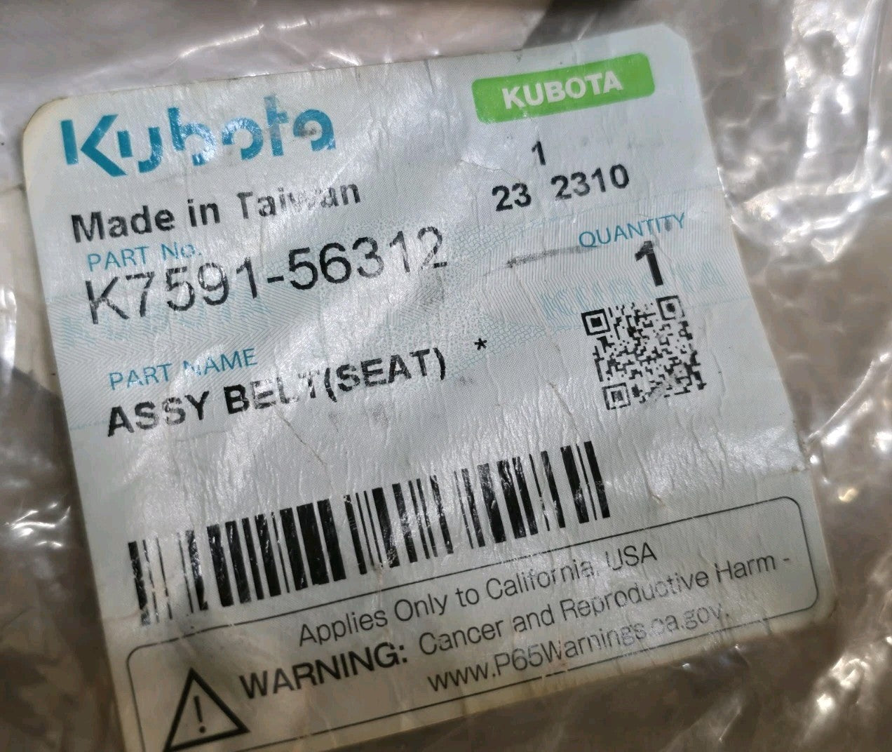 NEW Genuine OEM Kubota Seat Belt Assembly K7591-56312
