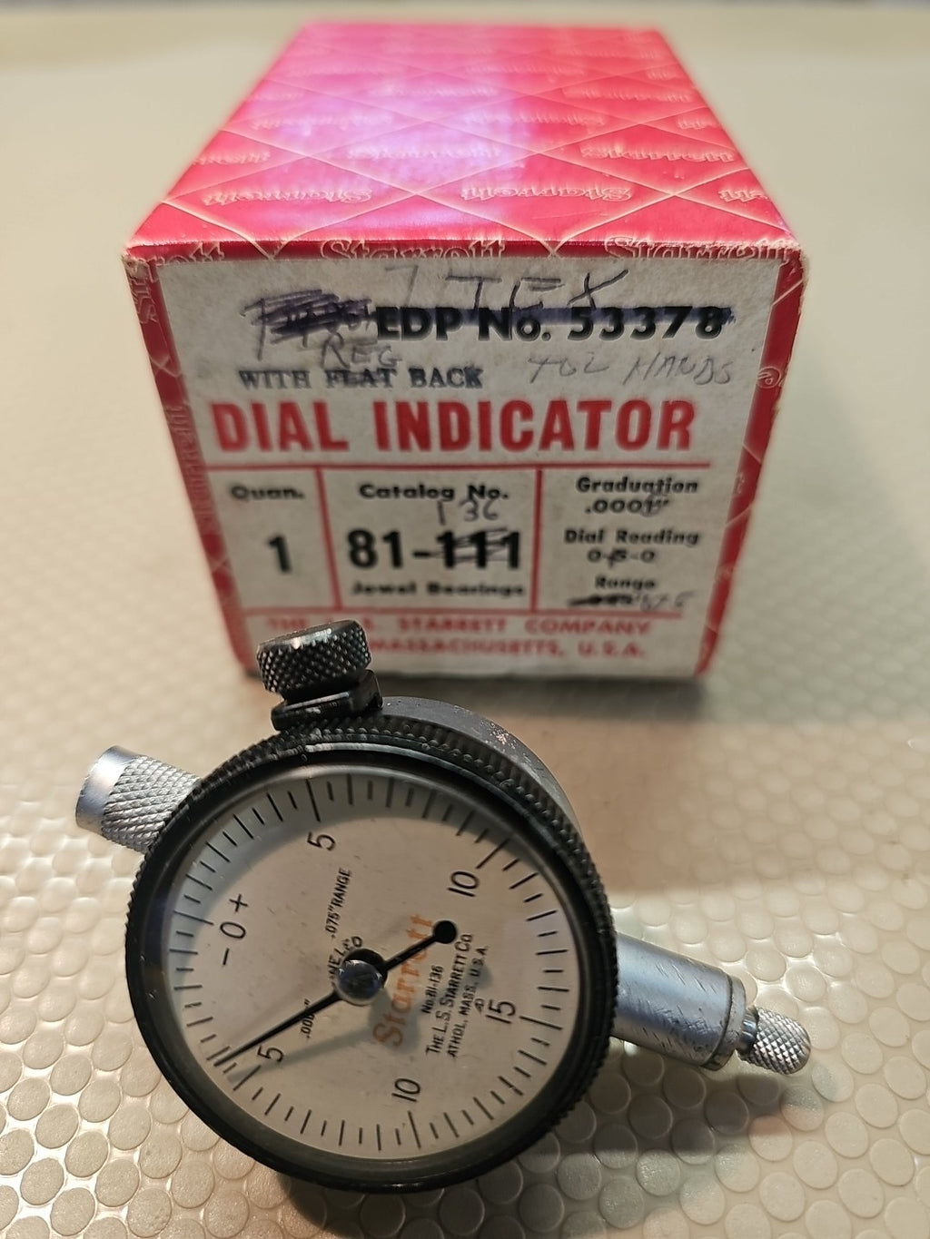 Starrett No. 81-136 Dial Indicator, 0-.075" Range, .0005" Graduation